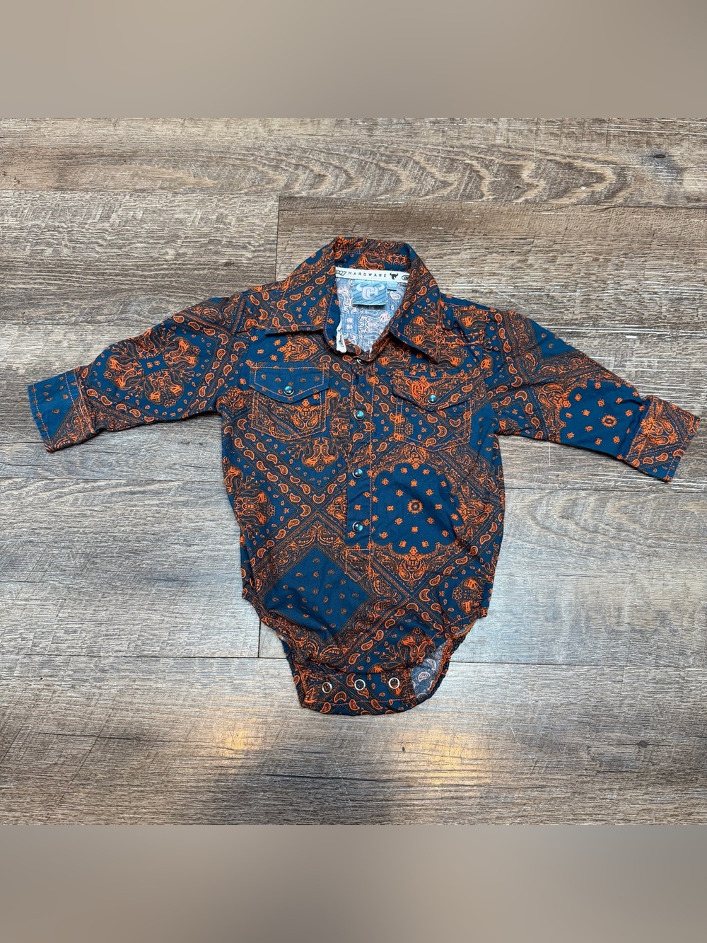 Cowboy Hardware 6m Pearl snap Paisley Long-Sleeve Onesie Shirt - Navy & Orange